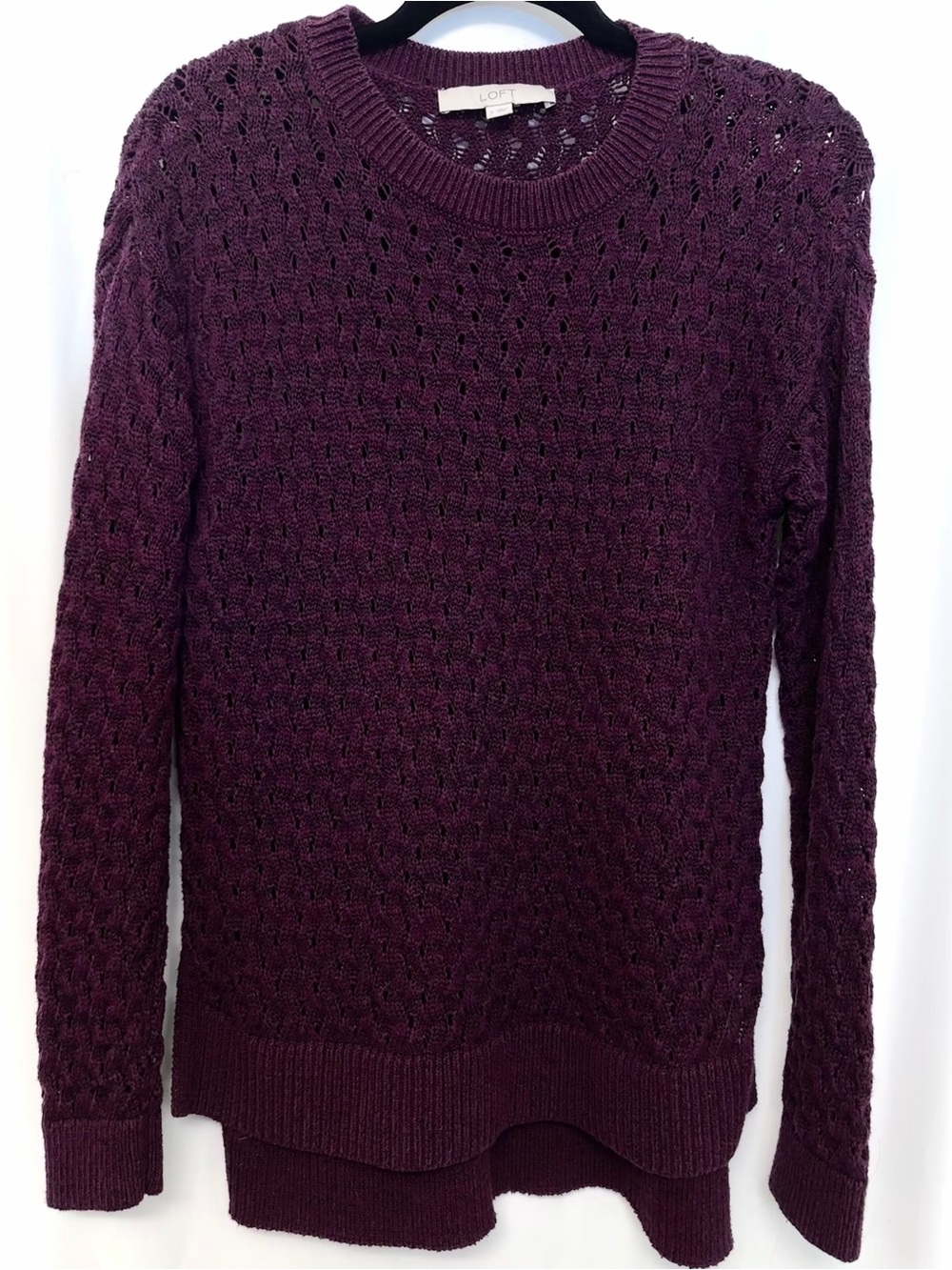 LOFT Plum Purple Open Knit Pointelle Sweater Small High Low Hem